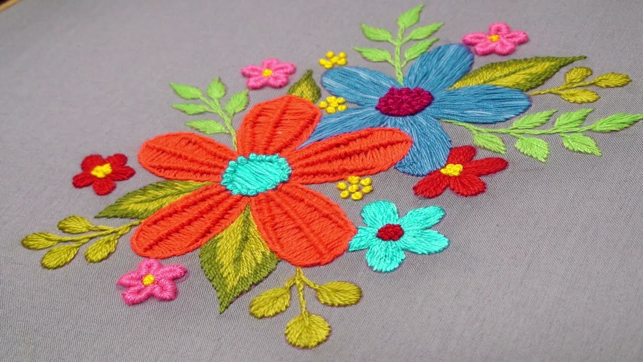 Mastering Flower Embroidery Techniques using Satin, Fishbone, and other stitches