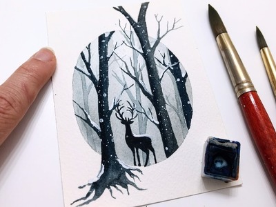 Watercolor deer in forest painting for beginners » EASY step by step winter painting tutorial