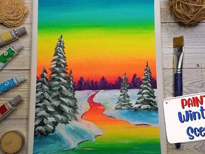 Daily Challenge #365 Painting Easy RAINBOW Sky Winter Landscape for Beginners⛄????Paint Evergreen Trees