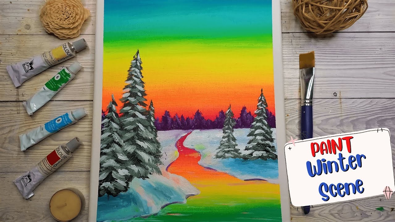 Daily Challenge #365 Painting Easy RAINBOW Sky Winter Landscape for Beginners⛄????Paint Evergreen Trees