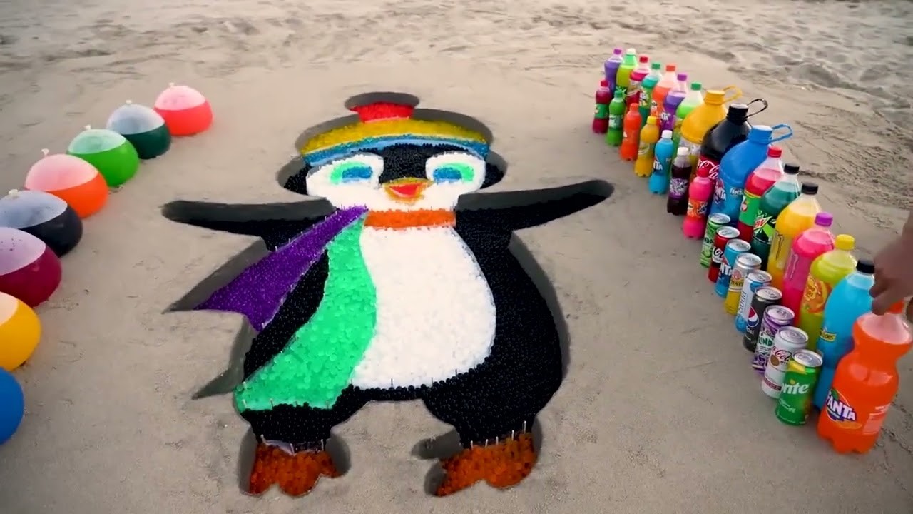 How to make Rainbow Christmas Penguin with Orbeez, Balloons Coca Cola, Fanta Schweppes vs Mentos