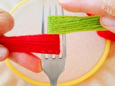 It's so Cute !! Superb Woolen Flower Making Trick using Fork - Hand Embroidery Amazing Flower Design