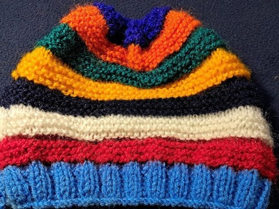 Knitting woolen multicolour  cap for beginner  in very short time  very easy (hindi)