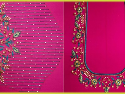 AARI work blouse design. maggam works thread work flower and beads design. Hand embroidery