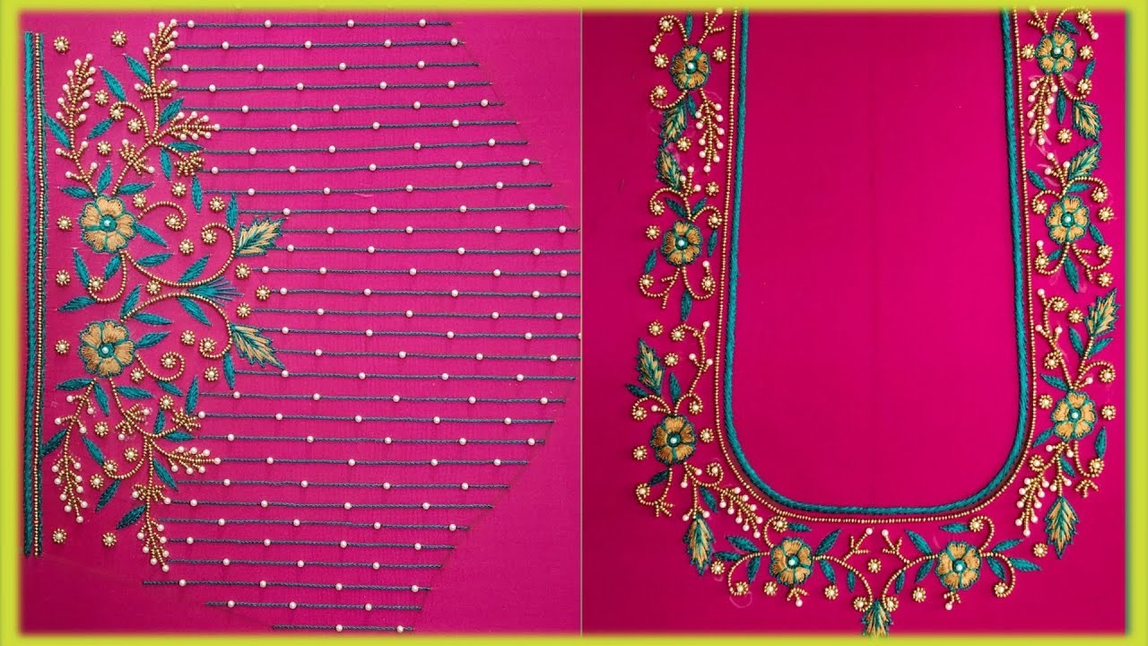 AARI work blouse design. maggam works thread work flower and beads design. Hand embroidery