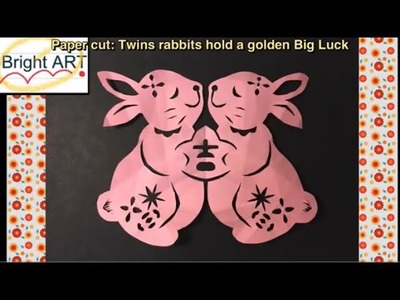 Bright Art : Paper cut: Twins rabbits hold a golden Big Luck