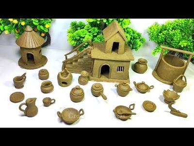 DIY How to make polymer clay miniature house, kitchen set, Bullock cart, Hand Pump, Tree |