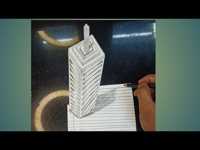 Drawing  3D Skyscraper on line paper -How to draw Big Building Illusion