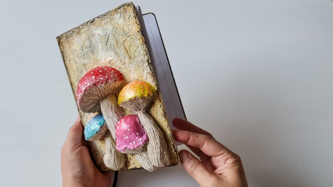 Easy Mushrooms 3D Relief Art on Notebook DIY Craft Idea