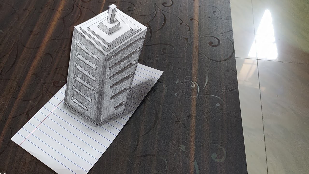 How To Draw 3D Skyscraper on Line Paper.