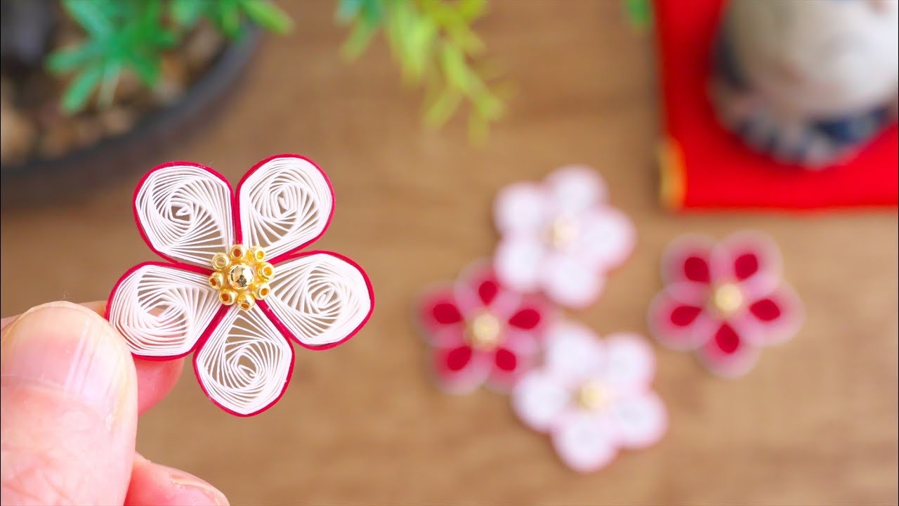 紙で作る渦巻き花びらの梅の花の作り方 - DIY How to Make Paper Plum Blossoms With Swirl Petals. Vortex Quilling