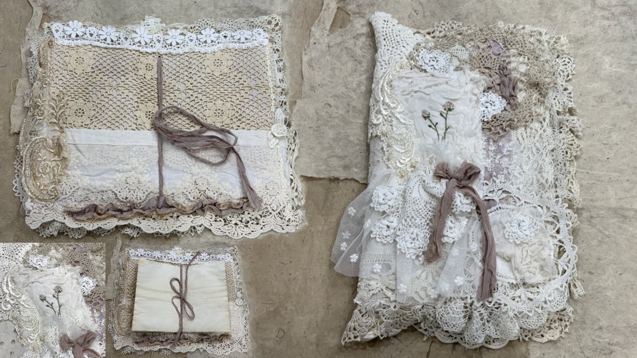 Creating process - Shabby chic junk journal cover with embroidered cluster, vintage laces & doilies