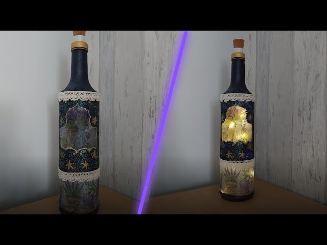 Decoupage painting. bottle art. Lavender gin bottle