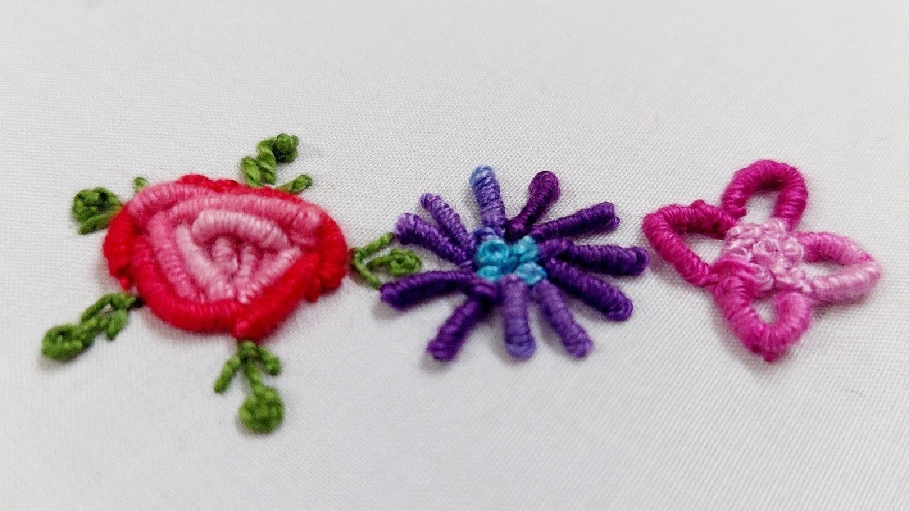 Hand embroidery Bullion Knot Stitch. 3 flower designs of bullion stitch #embroideryworld