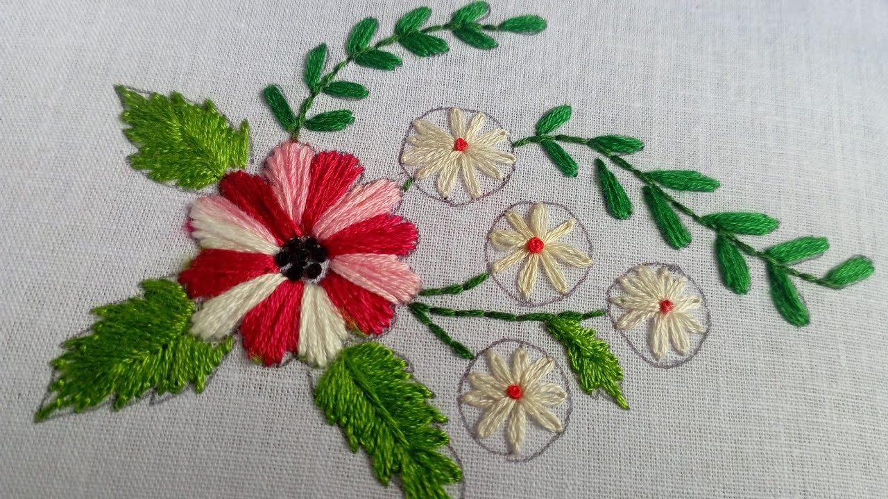 Hand Embroidery Lazy Daisy And Satin Stitch Flower Design Handembroidery