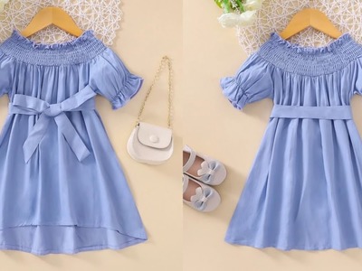 Beautiful Baby Shirred Frill Trim High-Low Hem Belted Frock Cutting and Stitching.Baby Frock