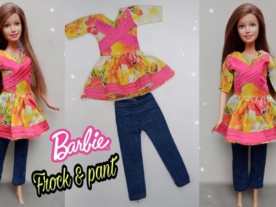 Making Barbie doll short frock and denim pant||diy doll dress||A-Doll designer❤️