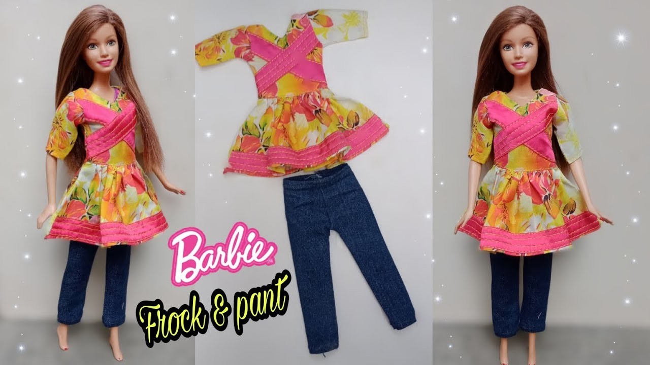 Making Barbie doll short frock and denim pant||diy doll dress||A-Doll designer❤️