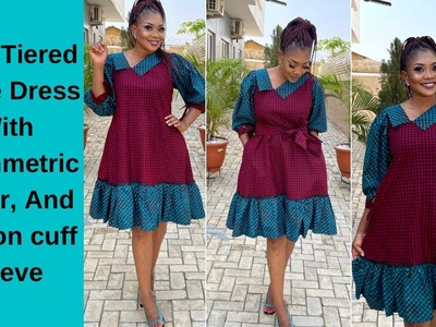 How To Make A Tiered Circle Dress With Asymmetric Collar And Ribbon Cuff Sleeve Cutting & Stitching