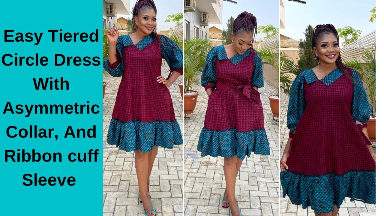 How To Make A Tiered Circle Dress With Asymmetric Collar And Ribbon Cuff Sleeve Cutting & Stitching