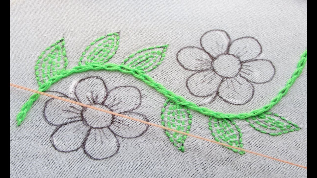 Hand Embroidery Border Line Flower Stitching. Hand Embroidery Stitching Tutorial