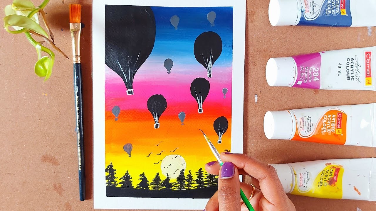 Hot air balloon acrylic painting. acrylic painting tutorial. acrylic painting for beginners