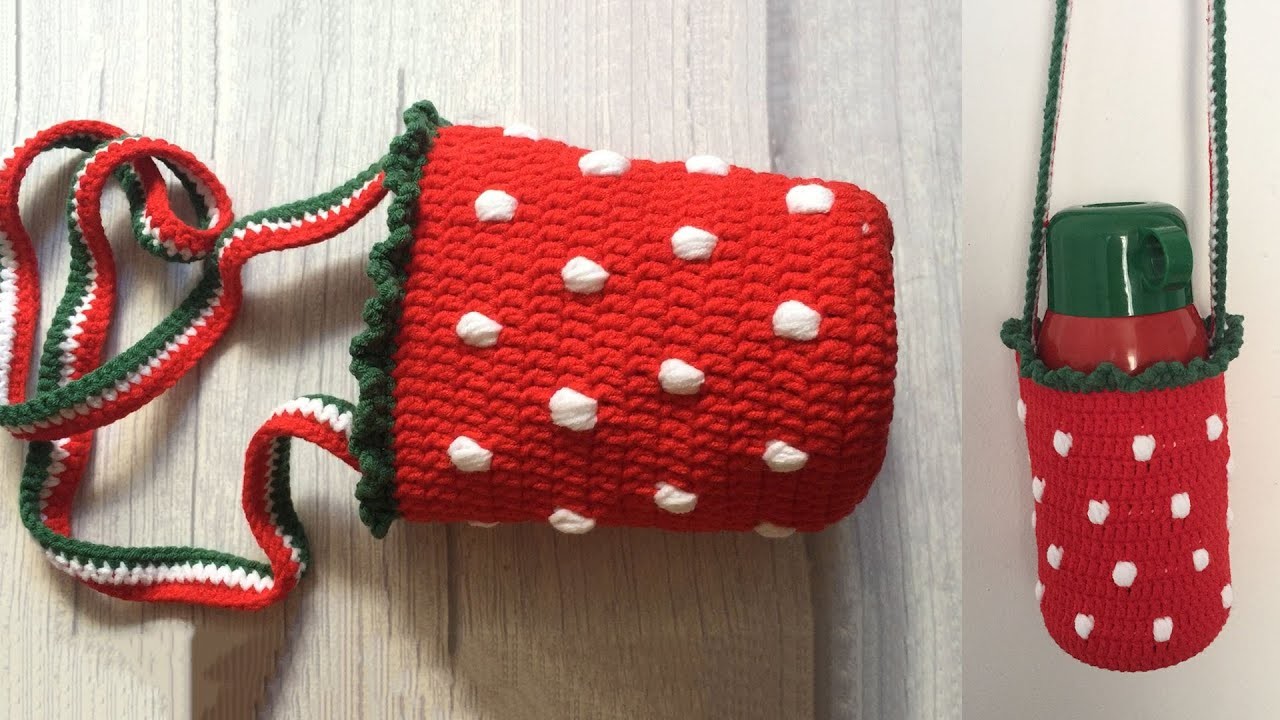 Lovely Strawberry Water Bottle Holder, Red Water Bottle Cover crochet tutorial