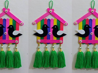 Easy Birds Wall Hanging Craft Using Ice Cream Sticks | Woolen Wall Hanging Craft Ideas