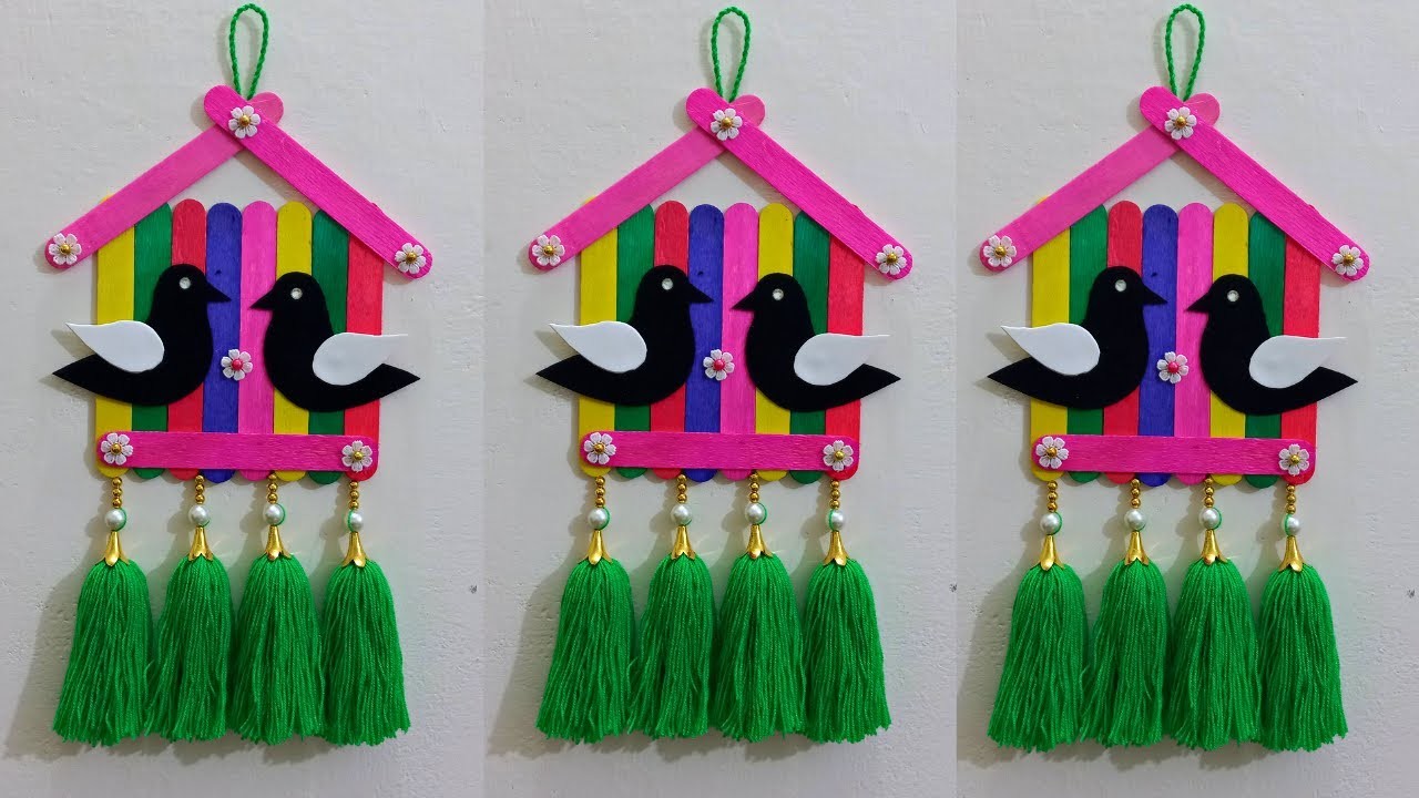 Easy Birds Wall Hanging Craft Using Ice Cream Sticks | Woolen Wall Hanging Craft Ideas
