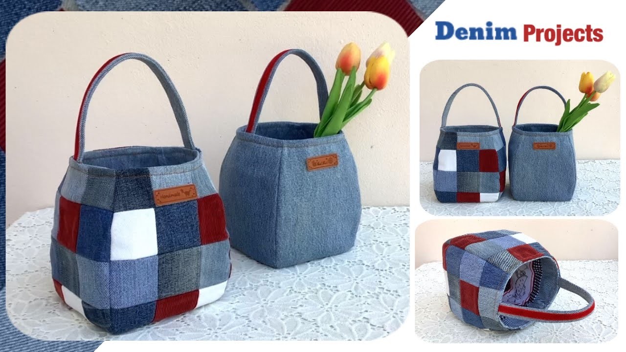 How to make Acon tote bag tutorial , diy a small basket patterns, denim small basket tutorial.