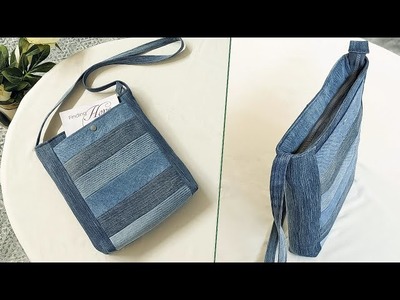 DIY Simple Patchwork Crossbody Bag With Zipper and Deep Front Pocket Out of Old Jeans | Upcycle