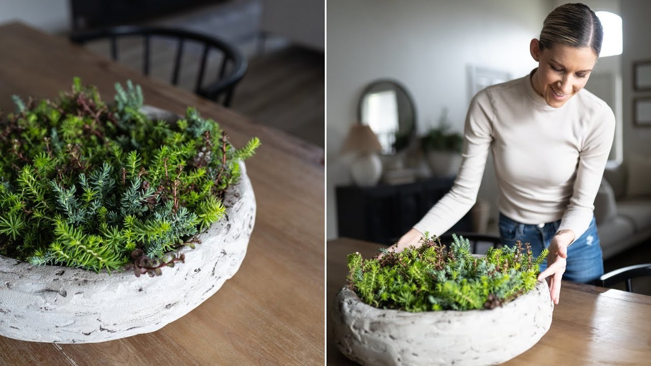 DIY STONE PLANTER POT for DINING ROOM TABLE. MOSS BOWL + SUCCULENTS & GREENERY