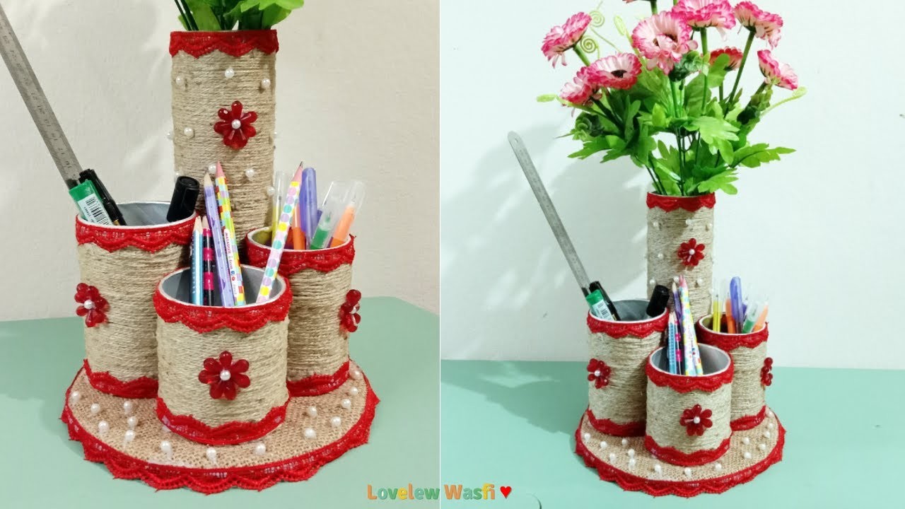 Jute pen holder.pen box from waste bottol jute craft.recycle plastic home decoration ideas handmade