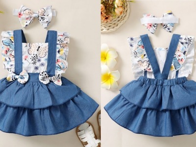 Pinafore Baby Frock Cutting and Stitching.Pinafore Square Neck Ruffle Baby Dress