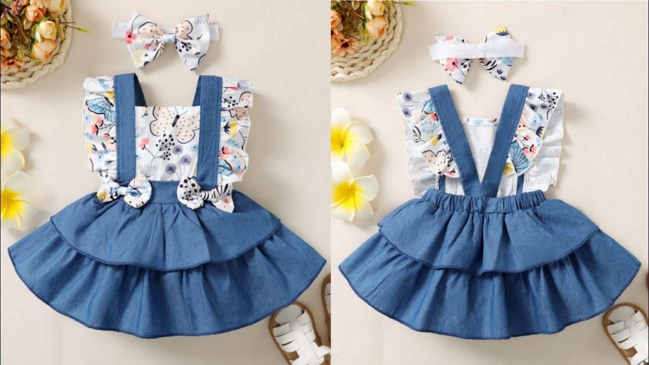 Pinafore Baby Frock Cutting and Stitching.Pinafore Square Neck Ruffle Baby Dress