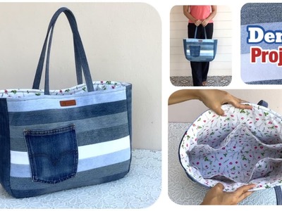 Diy denim multi pocket tote bag tutorial ,sewing diy tote bag ideas from old jeans with multi pocket
