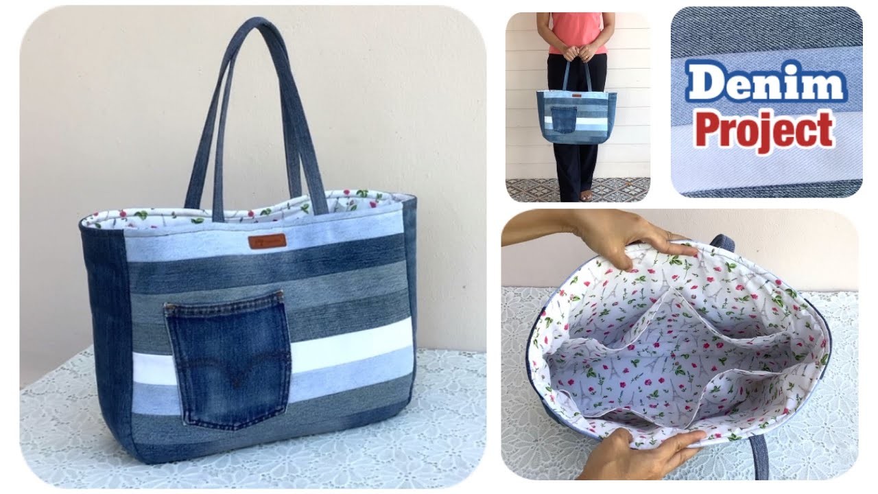 Diy denim multi pocket tote bag tutorial ,sewing diy tote bag ideas from old jeans with multi pocket