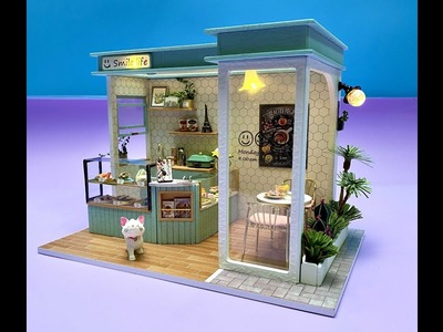 DIY miniature dollhouse kit - Smile Eatery Shop with cutie white Cat @NTVDIY