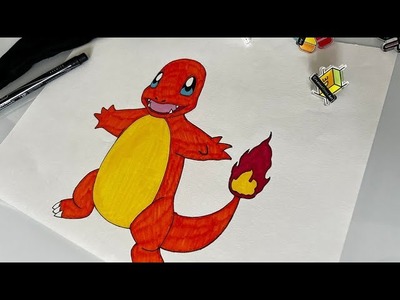 Drawing Charmander Pokemon on Paper a safe tutorial for kids. Traditional Art on Paper