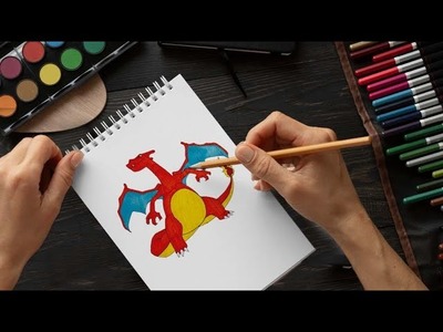 Drawing on Paper Pokémon Charizard safe tutorial for kids. Traditional Art on Paper