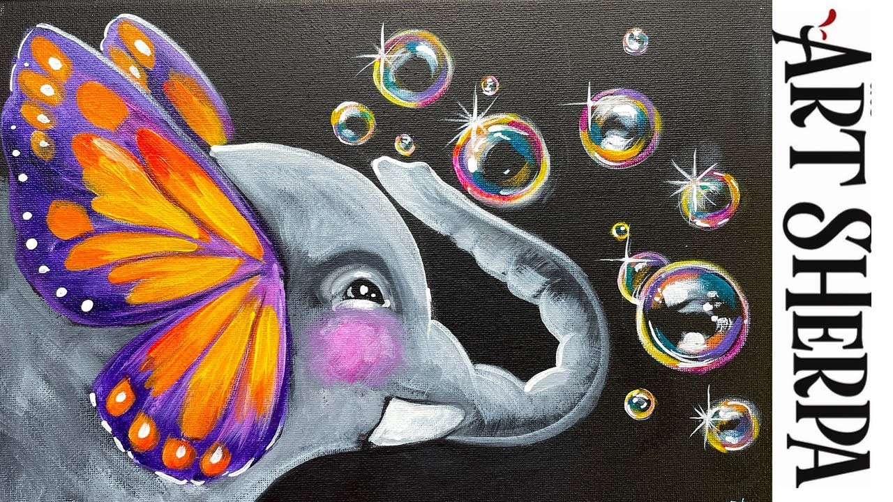 Easy Elephant Butterfly Ears Blowing Bubbles ???????? How to paint  for beginners: Paint Night at Home