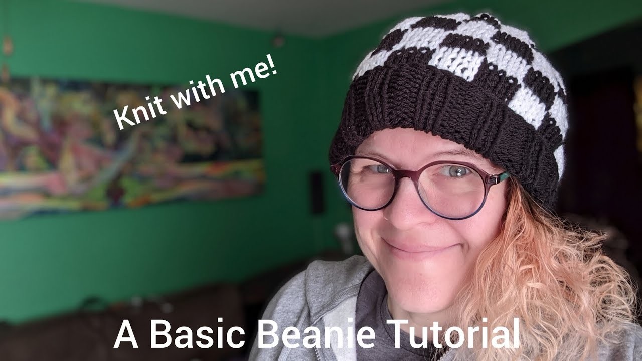 Basic Checkerboard Beanie with a Ribbed Brim on Circular Needles | FREE TUTORIAL + PATTERN