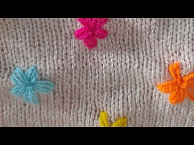 How to create flower on cardigan and sweaters||free hand woolen embroidery|| #knitting #embroidery