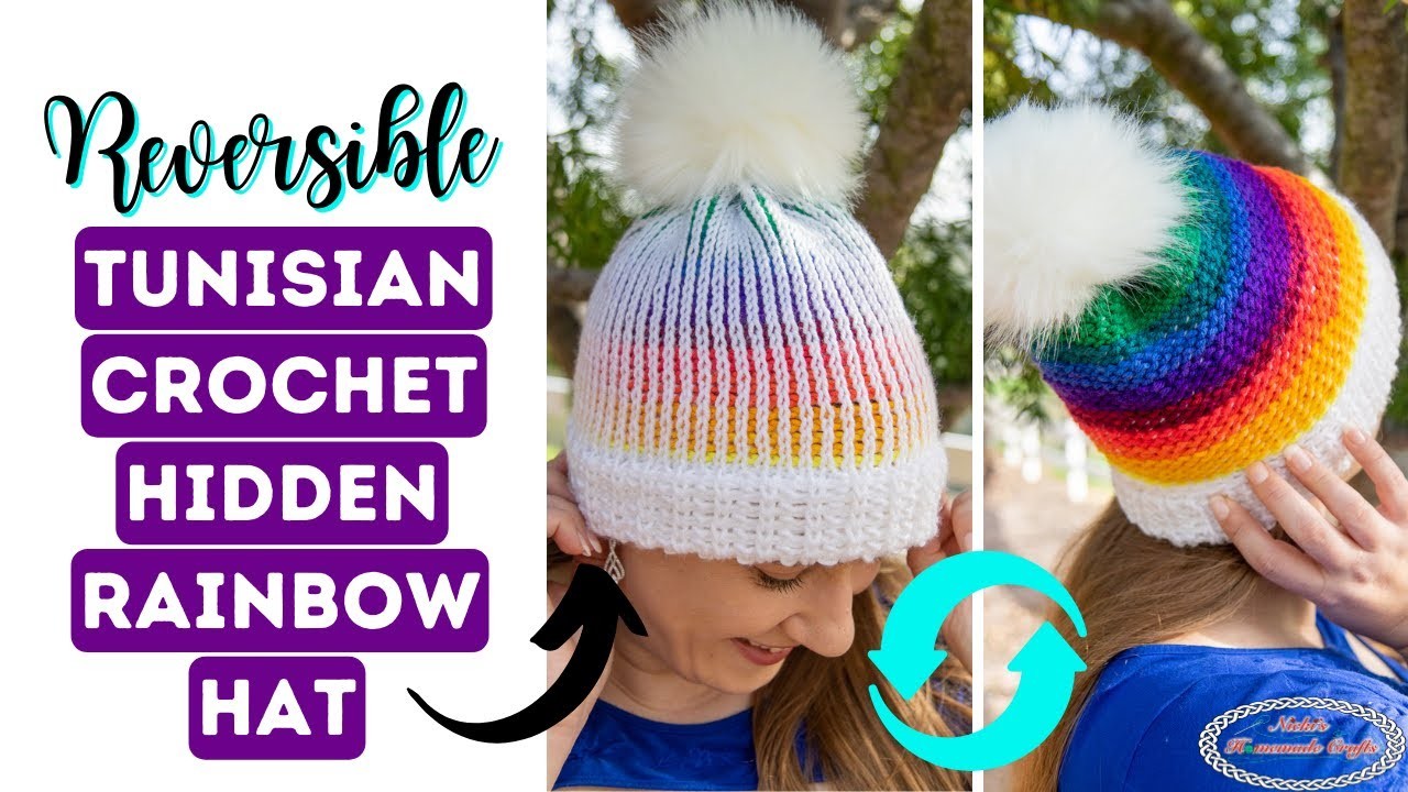 REVERSIBLE Tunisian Crochet Hat with Hidden Rainbow