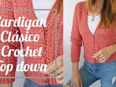 Cárdigan clasico escote V.Saco crochet top down y manga ranglan #cardigan #crochet  #topdown #diy