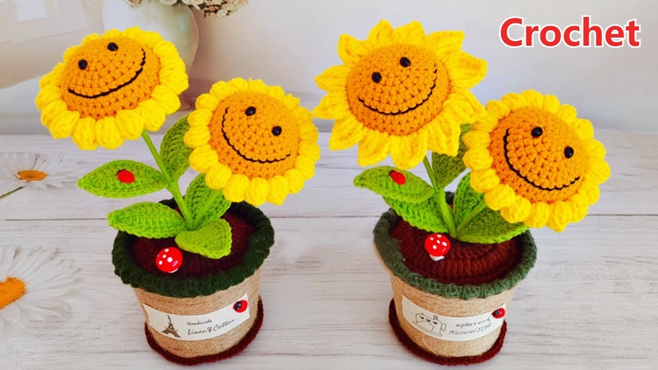 Crochet smiley sunflower potted plant