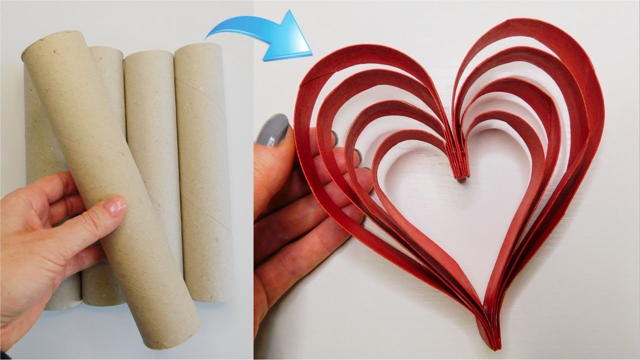 Romantic Heart Made of Kitchen Towell Rolls. Super Easy Crafts DIY. Recycling Decor Idea
