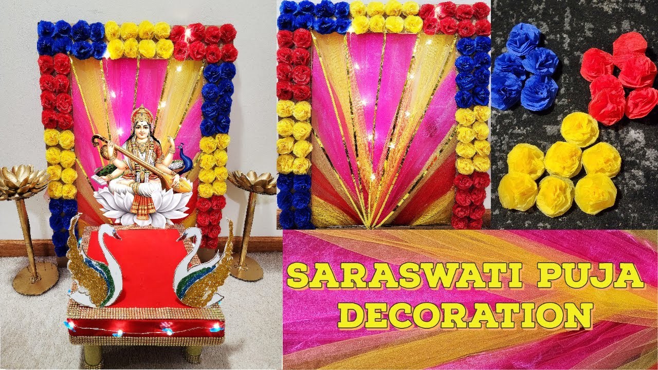 Saraswati Puja Decoration Ideas at Home | Basant Panchami Crafts | Quick Pooja Backdrop Decoration