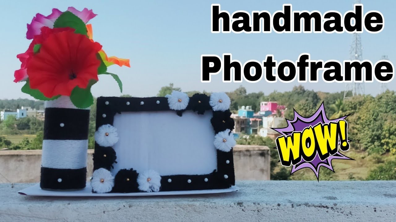 How to make Photo frame at home.Handmade photo frame.Photoframe with flower vase.woolen craft#diy