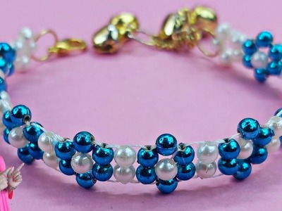 PEARL BRACELET SIMPLE AND EASY DESIGN IDEA  BLUE AND WHITE | Heart Shaped Handmade Jewellery Making